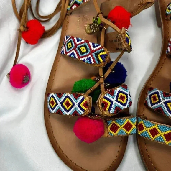 2/$30 Chinese Laundry Size 9.5 Sandals Beaded Pom Ankle Wrap Colorful Party - Picture 6 of 9